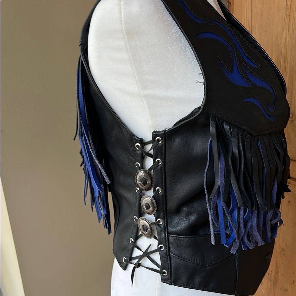 Black Leather Vest with Blue Fringe - Picture 3 of 7